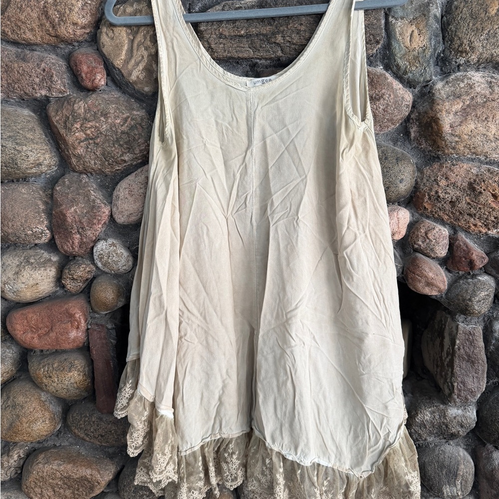 Umgee Beige Lace Trim Tank Top